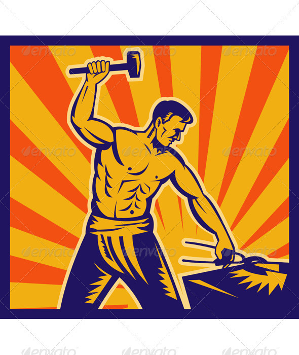 Blacksmith With Hammer Striking Anvil Blacksmith With Hammer Striking Anvil