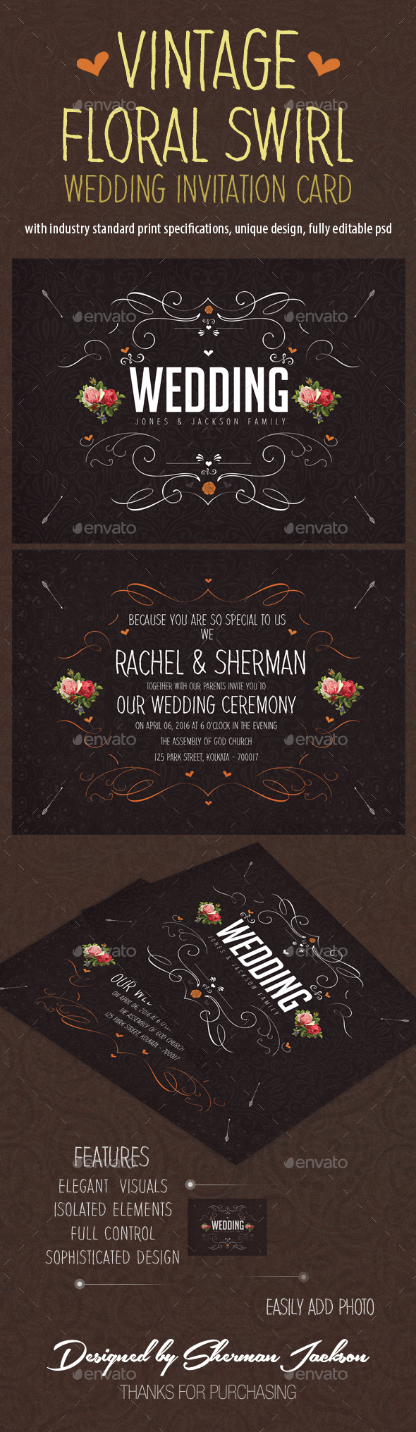 Vintage Floral Swirl Wedding Invitation Card