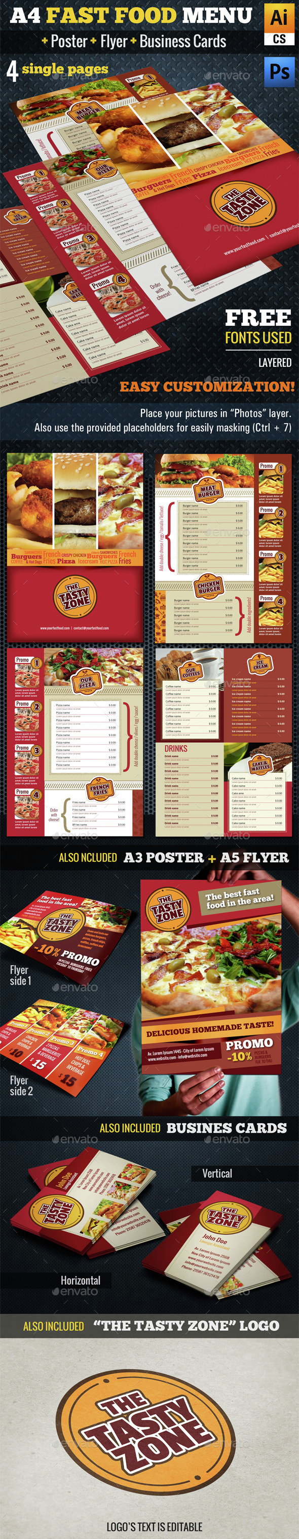 A4 Fast Food Menu + Poster + Flyer + Cards