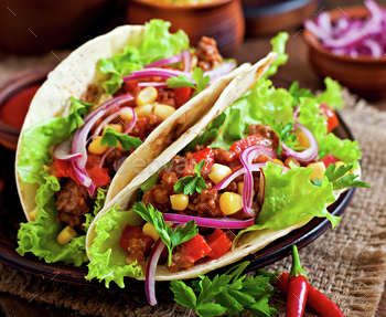 Mexican tacos with meat, vegetables and red onion
