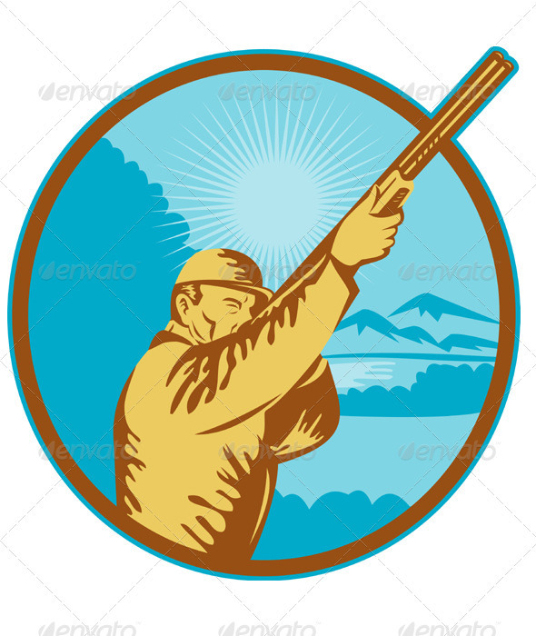 Hunter With Shotgun Rifle Aiming At Bird Hunter With Shotgun Rifle Aiming At Bird