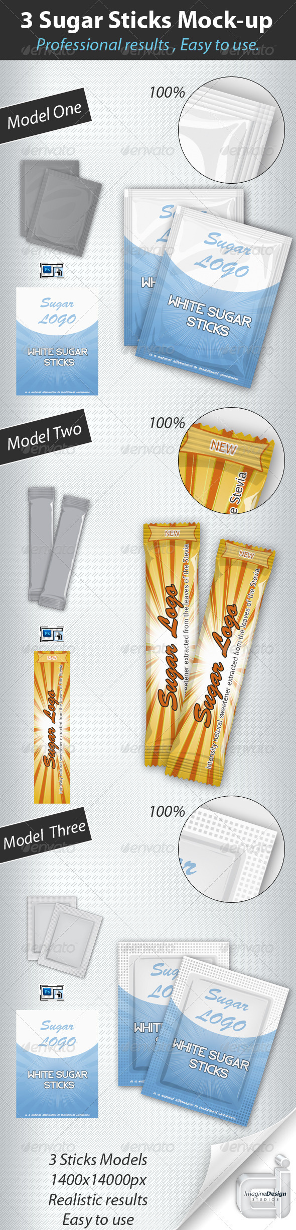 Professional 3 Sugar Sticks Mock-up - Food and Drink Packaging