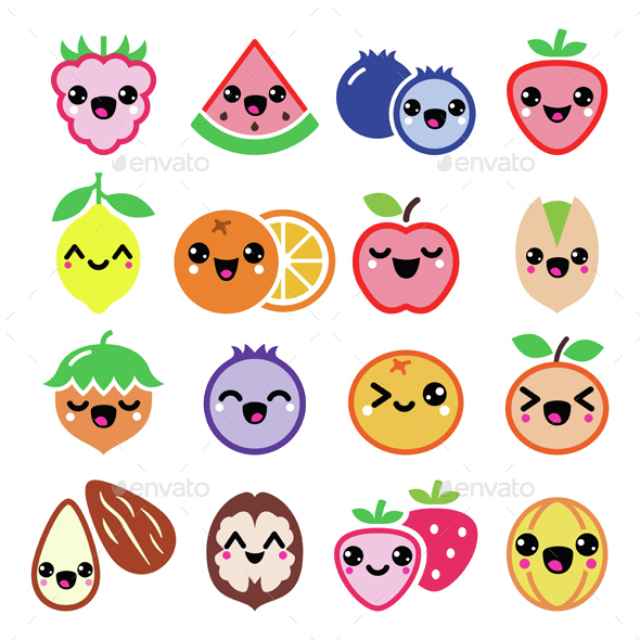 Kawaii Fruit and Nut Characters Design