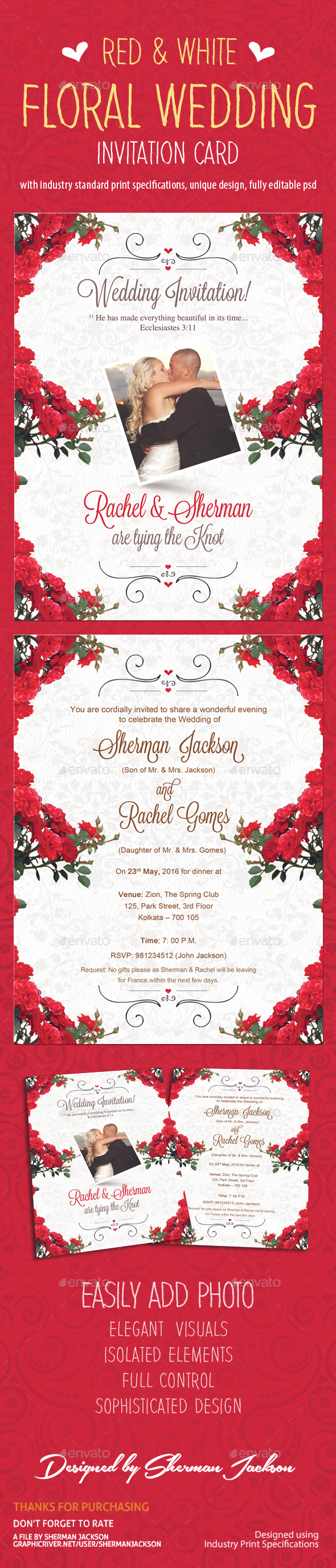 Red & White Floral Wedding Invitation