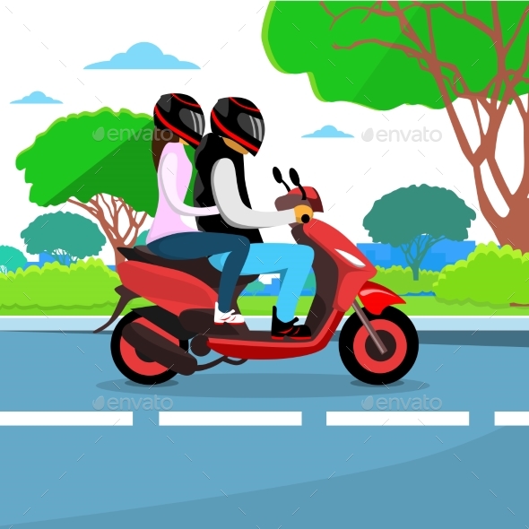 Couple Ride Motorcycle Wearing Helmet Flat