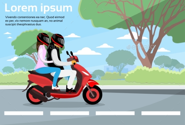 Couple Ride Motorcycle Wearing Helmet Flat