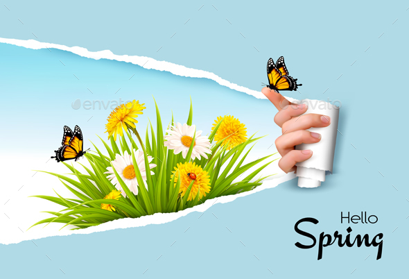 Ripped By Hand Paper Background Revealing Spring Flowers