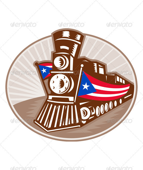 Steam Train Locomotive With American Flag