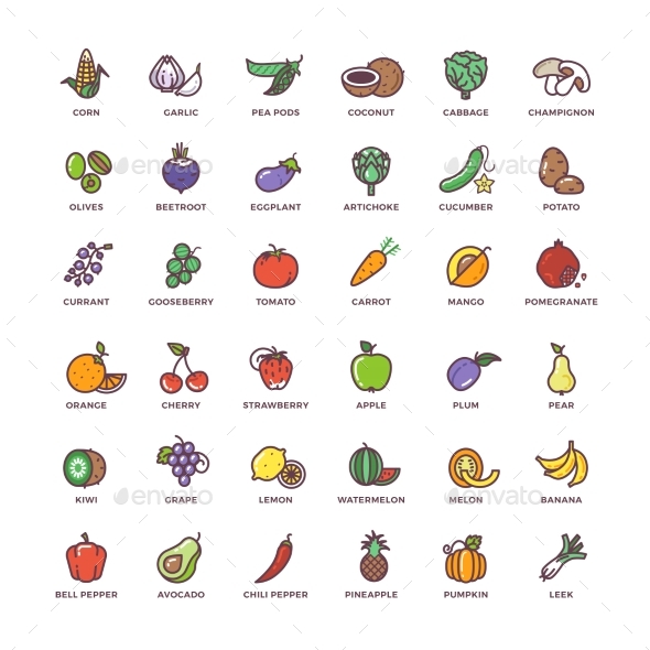 Fruit and Vegetables Line Vector Icons