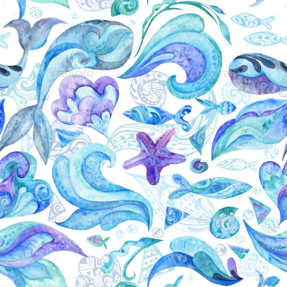 Blue Watercolor Abstract Marine Pattern