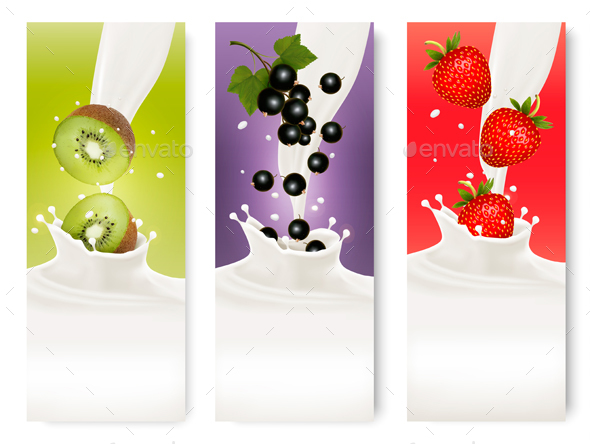 Three Fruit And Milk Labels Vector