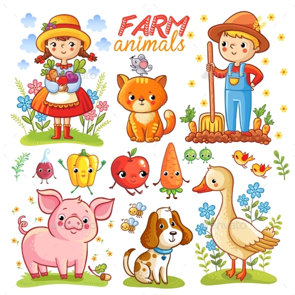 Farm Cartoon Set with Animals