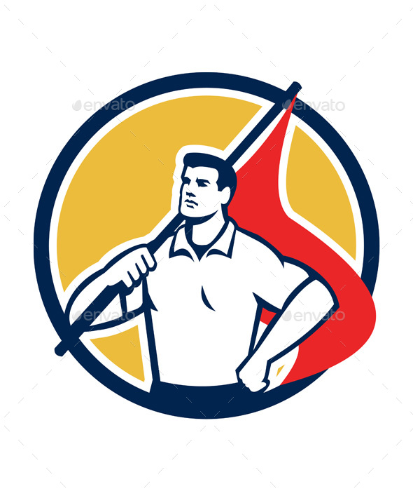 Union Worker Holding Flag Circle Retro