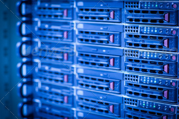 Server rack cluster in a data center (shallow DOF; color toned i