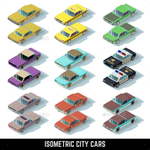 Isometric City Cars Vector Icons in Front and Rear