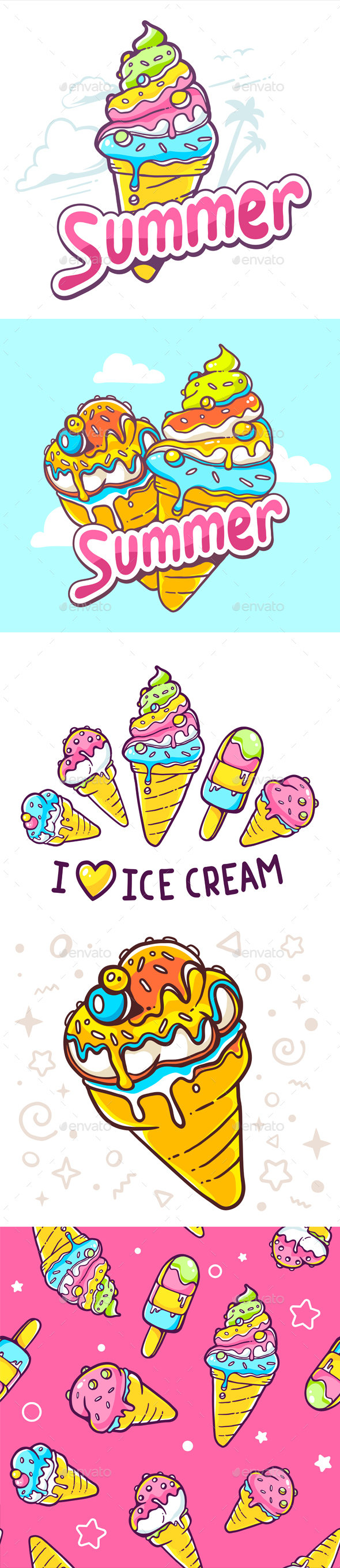 Ice Creams with Inscriptions and Colorful Pattern