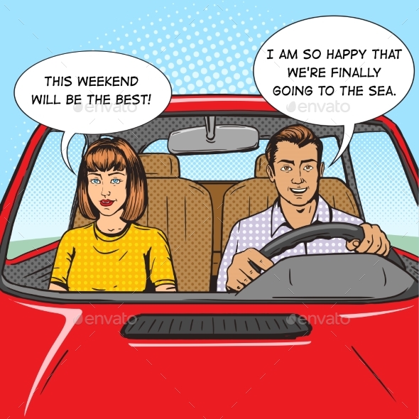 Family Couple In Car Pop Art Style Vector