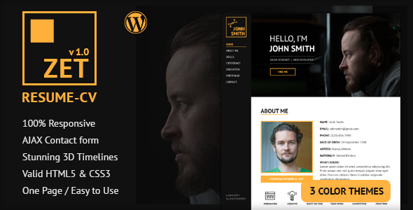 ZET - One Page Resume/Personal Portfolio WordPress Theme