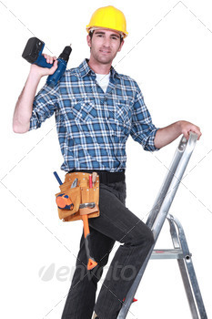 craftsman climbing on a ladder and holding a drill