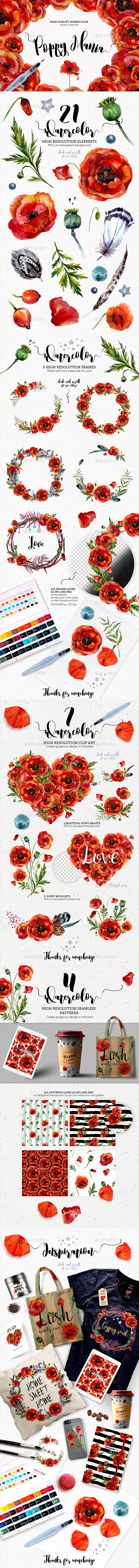 Poppy Mania Watercolor Clip Art Set