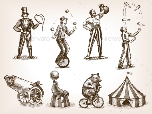 Retro Circus Performance Set Sketch Vector