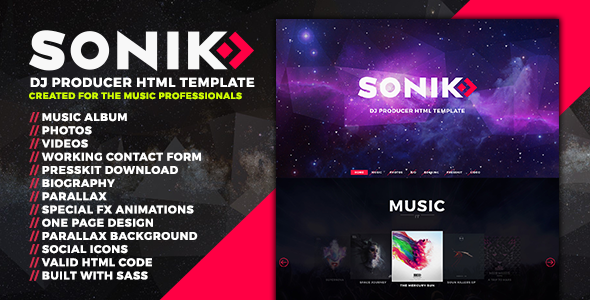 SONIK: Professional One Page Music / DJ / Producer Responsive HTML Template