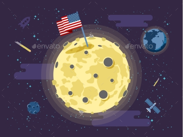 USA Flag Stuck Into The Moon