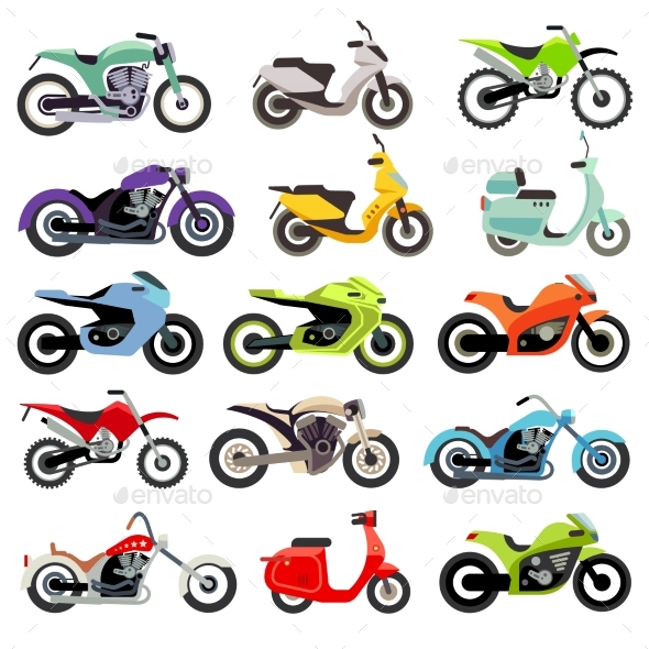 Classic Motorcycle Motorbike Flat Vector Icons