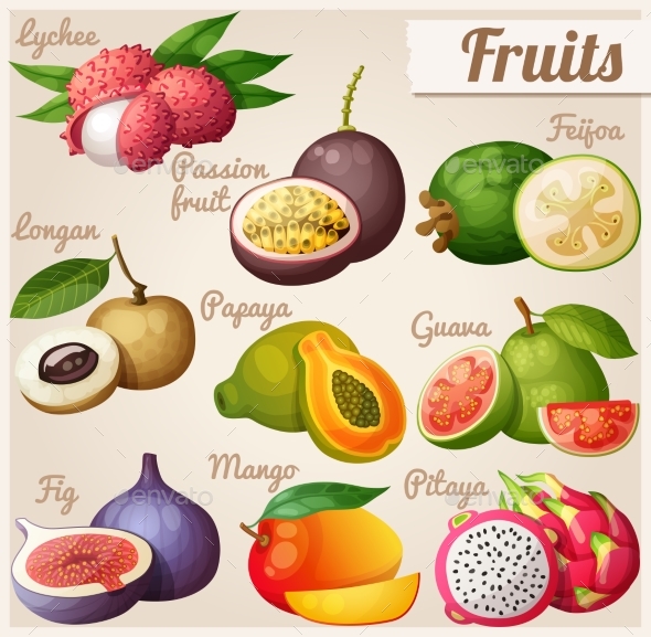 Set Of Cartoon Food Icons. Exotic Fruits. Lychee