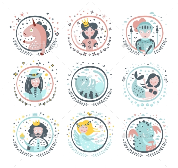 Fairy Tale Heroes Girly Stickers In Round Frames