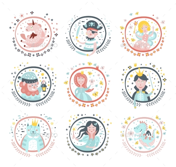 Fairy Tale Characters Girly Stickers In Round