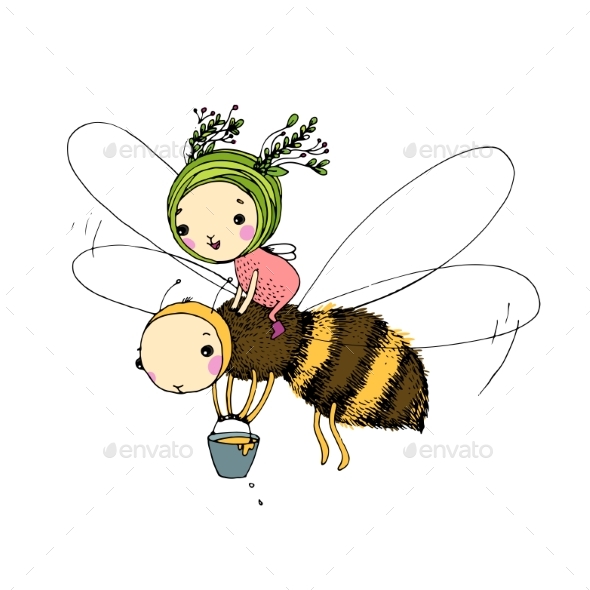 Fairy And The Bee On a White Background.