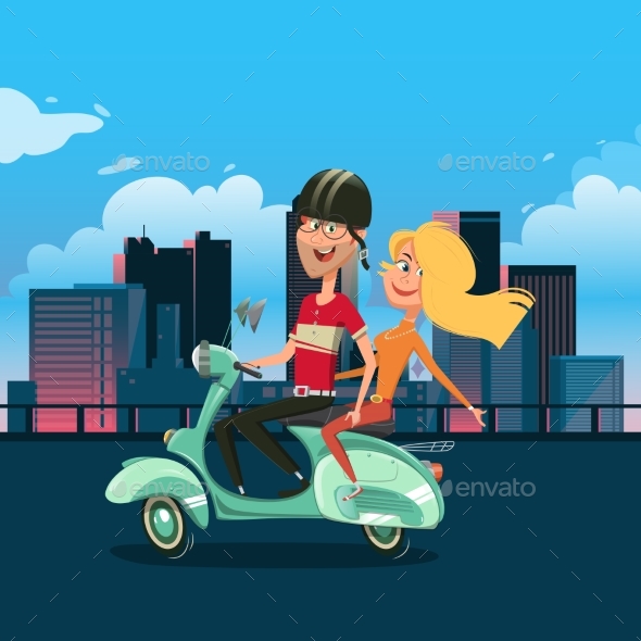 Couple Riding Scooter Cartoon Vector Illustration