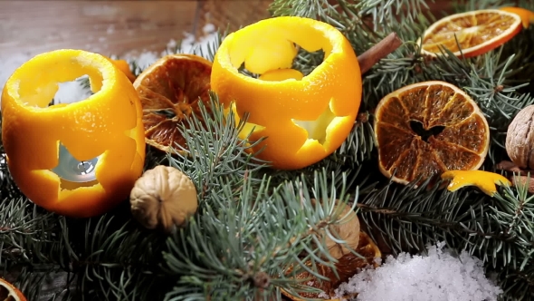 Dried Orange Slices And Oranges With Cloves. Christmas Decorations