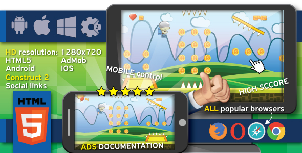 Jumpy Jax - HTML5 game. Construct 2 (.capx) + cocoon ADS (AdMob)