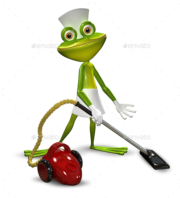 Graphicriver 3D Illustration of a Frog with a Maid Vacuuming 17751572