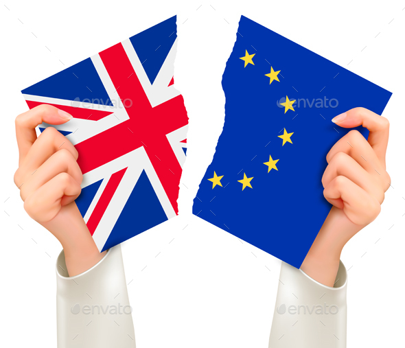 Two Torn Flags - Eu And Uk In Hands Brexit Concept Vector