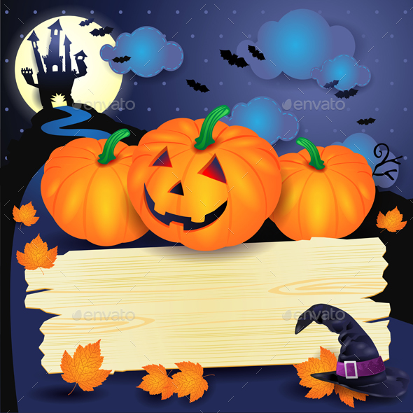 Halloween Background with Sign and Pumpkins