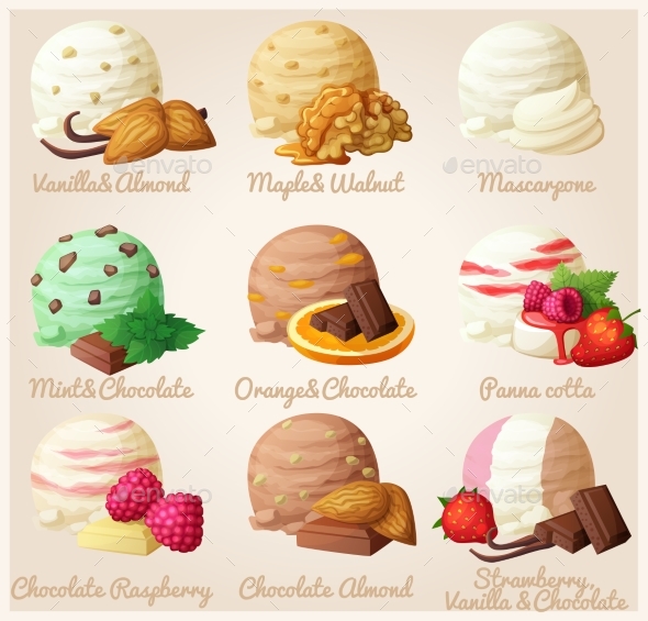 Set Of Cartoon Vector Icons. Ice Cream Scoops