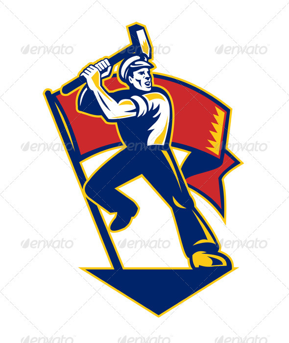 Worker With Sledge Hammer And Flag Retro