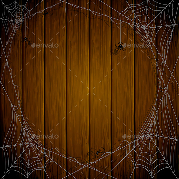 Halloween Wooden Background with Spiders