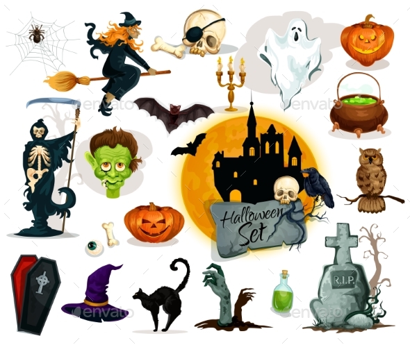 Full Set Of Halloween Characters And Elements