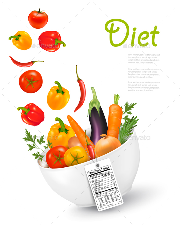 Fruit In A Bowl With A Nutritional Label Concept Of Diet. Vector