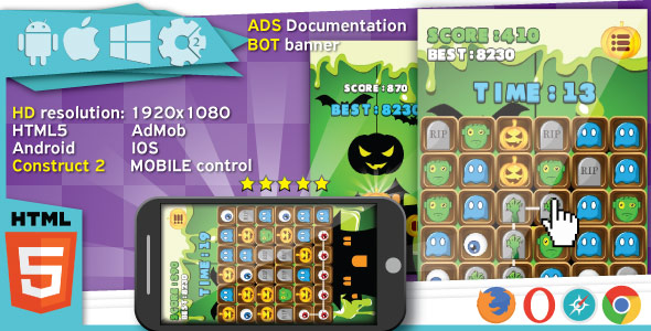 Halloween Match3 game - Construct2 (.capx) + cocoon ADS