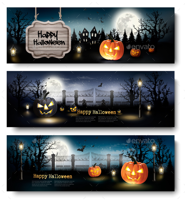 Three Holiday Halloween Banners with Pumpkins