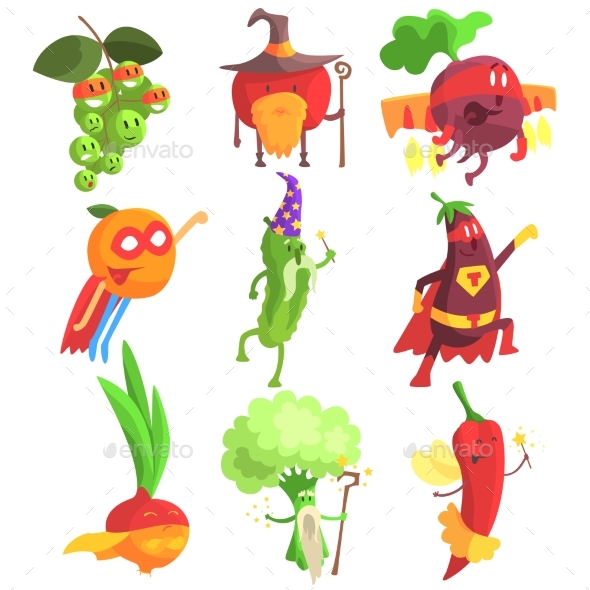 Silly Fantastic Fruit And Vegetable Characters Set