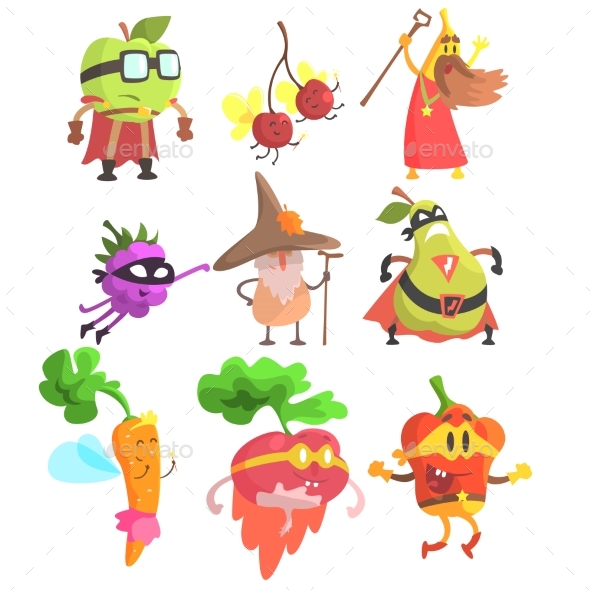 Silly Fantasy Fruit And Vegetable Characters Set