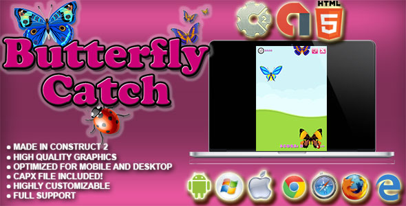 Butterfly Catch - HTML5 Survival Game - AdMob - Construct 2 CAPX