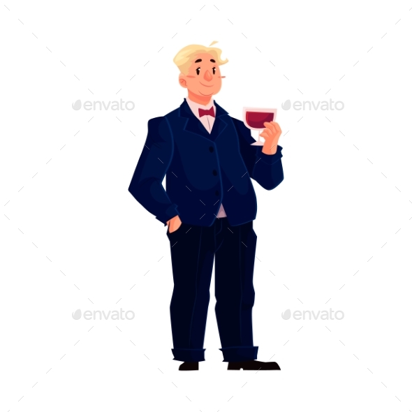 Happy Fat Man In Business Suit With Glass Of Wine