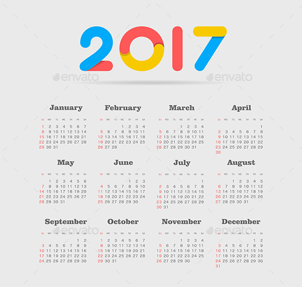 Vector Calendar 2017 year. Week Starts Sunday